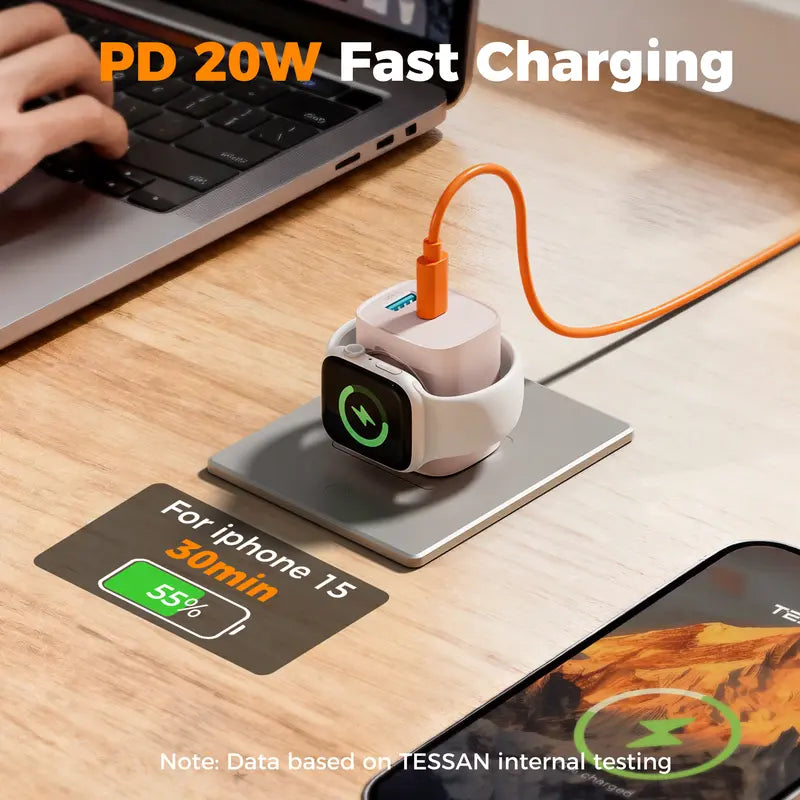 Fast Charger Tessan Colorful 3-In-1 PD20W USB-C Charger Block - Built-In Wireless Watch Charging, Dual Ports, Wireless Fast Charging Charger for Iwatch Ultra/9/8/7/6/Se Series, Iphone 17/17 Pro/16/16 Pro/15 Series, Cellphones, Iphone Charger