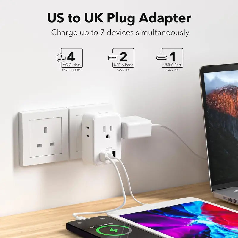 BN-LINK US to UK Plug Adapter, Type G Plug Travel Adapter with 4 AC Outlets and 3 USB Ports (1 USB C), UK Power Adapter for USA to Ireland England Dubai London Scotland British Kenya Hong Kong