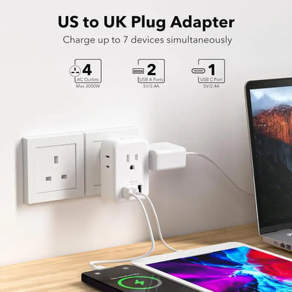 BN-LINK US to UK Plug Adapter, Type G Plug Travel Adapter with 4 AC Outlets and 3 USB Ports (1 USB C), UK Power Adapter for USA to Ireland England Dubai London Scotland British Kenya Hong Kong