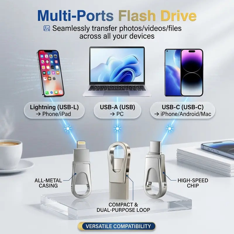 USB Flash Drive 3-In-1, Type-C OTG Dual Interface, Large Capacity Memory Stick, No App ,Needed, Compatible with Ios Android , for Phone Computer ,Student Office Use