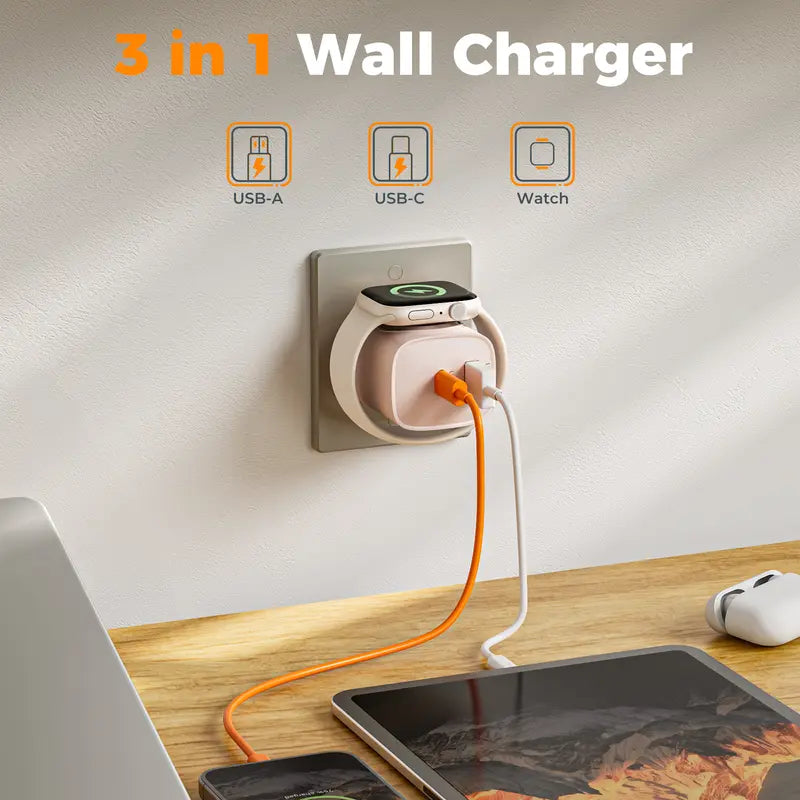 Fast Charger Tessan Colorful 3-In-1 PD20W USB-C Charger Block - Built-In Wireless Watch Charging, Dual Ports, Wireless Fast Charging Charger for Iwatch Ultra/9/8/7/6/Se Series, Iphone 17/17 Pro/16/16 Pro/15 Series, Cellphones, Iphone Charger