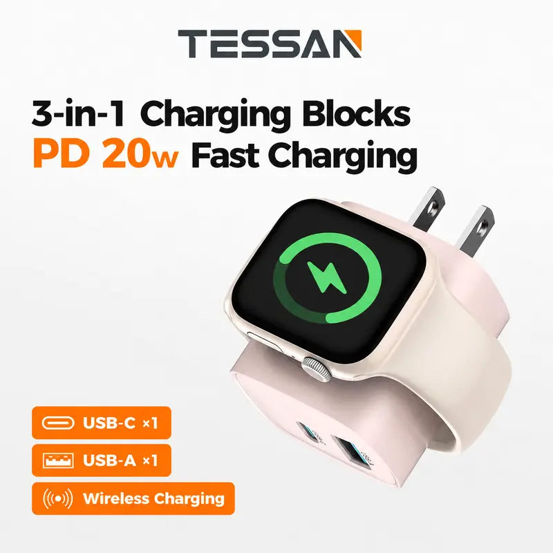 Fast Charger Tessan Colorful 3-In-1 PD20W USB-C Charger Block - Built-In Wireless Watch Charging, Dual Ports, Wireless Fast Charging Charger for Iwatch Ultra/9/8/7/6/Se Series, Iphone 17/17 Pro/16/16 Pro/15 Series, Cellphones, Iphone Charger