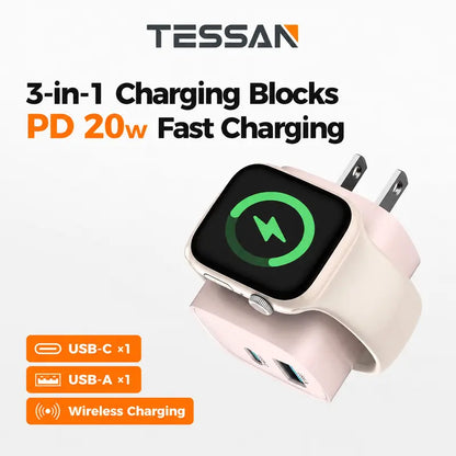 Fast Charger Tessan Colorful 3-In-1 PD20W USB-C Charger Block - Built-In Wireless Watch Charging, Dual Ports, Wireless Fast Charging Charger for Iwatch Ultra/9/8/7/6/Se Series, Iphone 17/17 Pro/16/16 Pro/15 Series, Cellphones, Iphone Charger