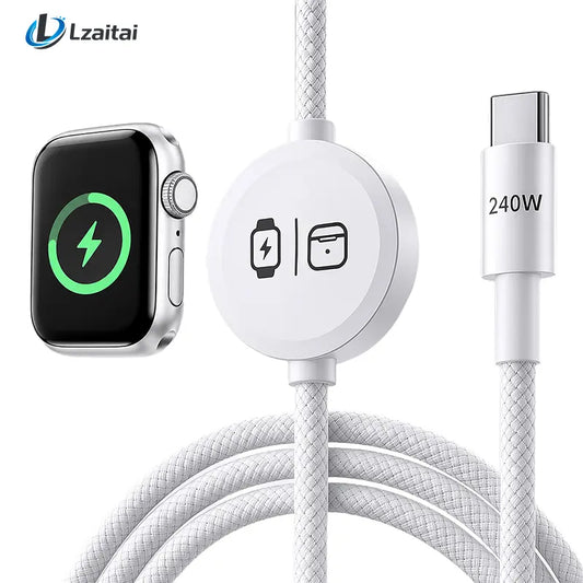 240W 3-In-1 USB-C Multi Charger with Built-In Magnetic Watch Charger, 5FT Braided USB-C Cable, EU Plug, Compatible with Smart Watches, Wireless Earbuds, Iphones, Ipads, Macbooks, Samsung & Android Devices Techvibes