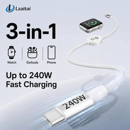 240W 3-In-1 USB-C Multi Charger with Built-In Magnetic Watch Charger, 5FT Braided USB-C Cable, EU Plug, Compatible with Smart Watches, Wireless Earbuds, Iphones, Ipads, Macbooks, Samsung & Android Devices Techvibes