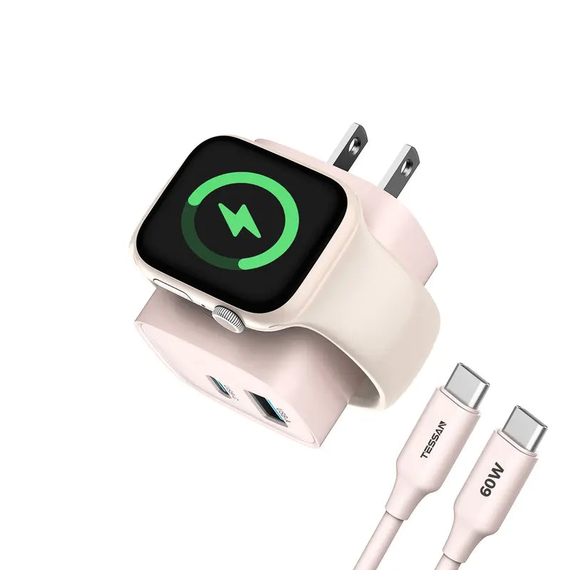 Fast Charger Tessan Colorful 3-In-1 PD20W USB-C Charger Block - Built-In Wireless Watch Charging, Dual Ports, Wireless Fast Charging Charger for Iwatch Ultra/9/8/7/6/Se Series, Iphone 17/17 Pro/16/16 Pro/15 Series, Cellphones, Iphone Charger