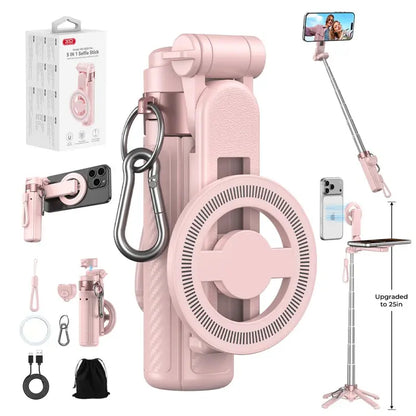 Upgrated 4-In-1 Magnetic Selfie Stick with Remote for Cell Phone 360° Rotation.Can Transforms into Mini Tripod/Camera Grip/Handheld Stabilizer/Phone Stand.Extend to 25 Inches