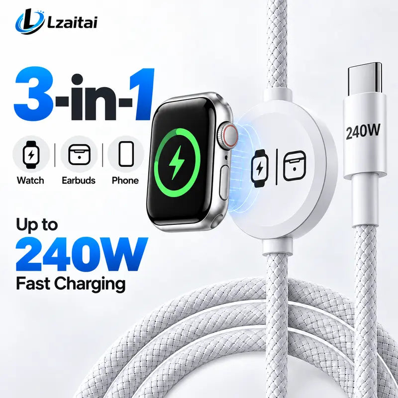 240W 3-In-1 USB-C Multi Charger with Built-In Magnetic Watch Charger, 5FT Braided USB-C Cable, EU Plug, Compatible with Smart Watches, Wireless Earbuds, Iphones, Ipads, Macbooks, Samsung & Android Devices Techvibes
