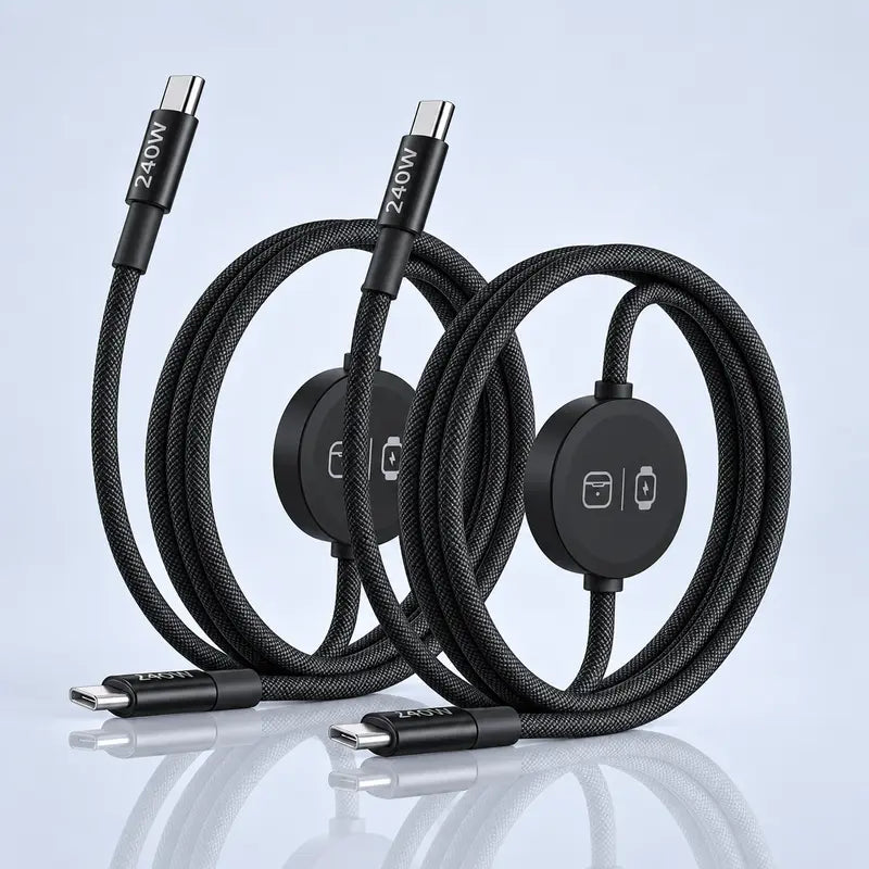 240W 3-In-1 USB-C Multi Charger with Built-In Magnetic Watch Charger, 5FT Braided USB-C Cable, EU Plug, Compatible with Smart Watches, Wireless Earbuds, Iphones, Ipads, Macbooks, Samsung & Android Devices Techvibes