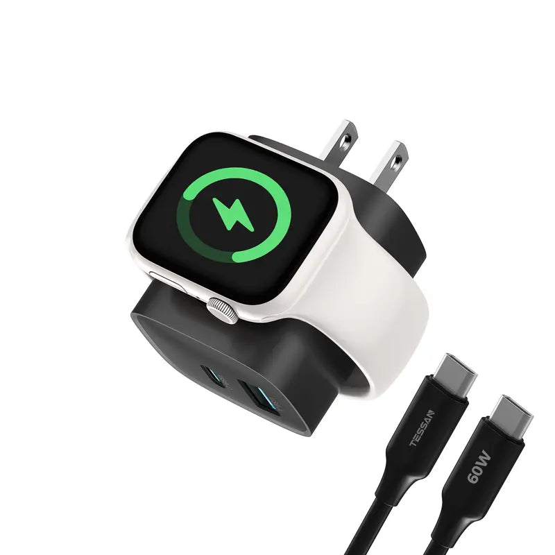 Fast Charger Tessan Colorful 3-In-1 PD20W USB-C Charger Block - Built-In Wireless Watch Charging, Dual Ports, Wireless Fast Charging Charger for Iwatch Ultra/9/8/7/6/Se Series, Iphone 17/17 Pro/16/16 Pro/15 Series, Cellphones, Iphone Charger